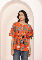 Orange Tropical Print Balloon Sleeve Peplum Cotton Top - Kaoribyshreya