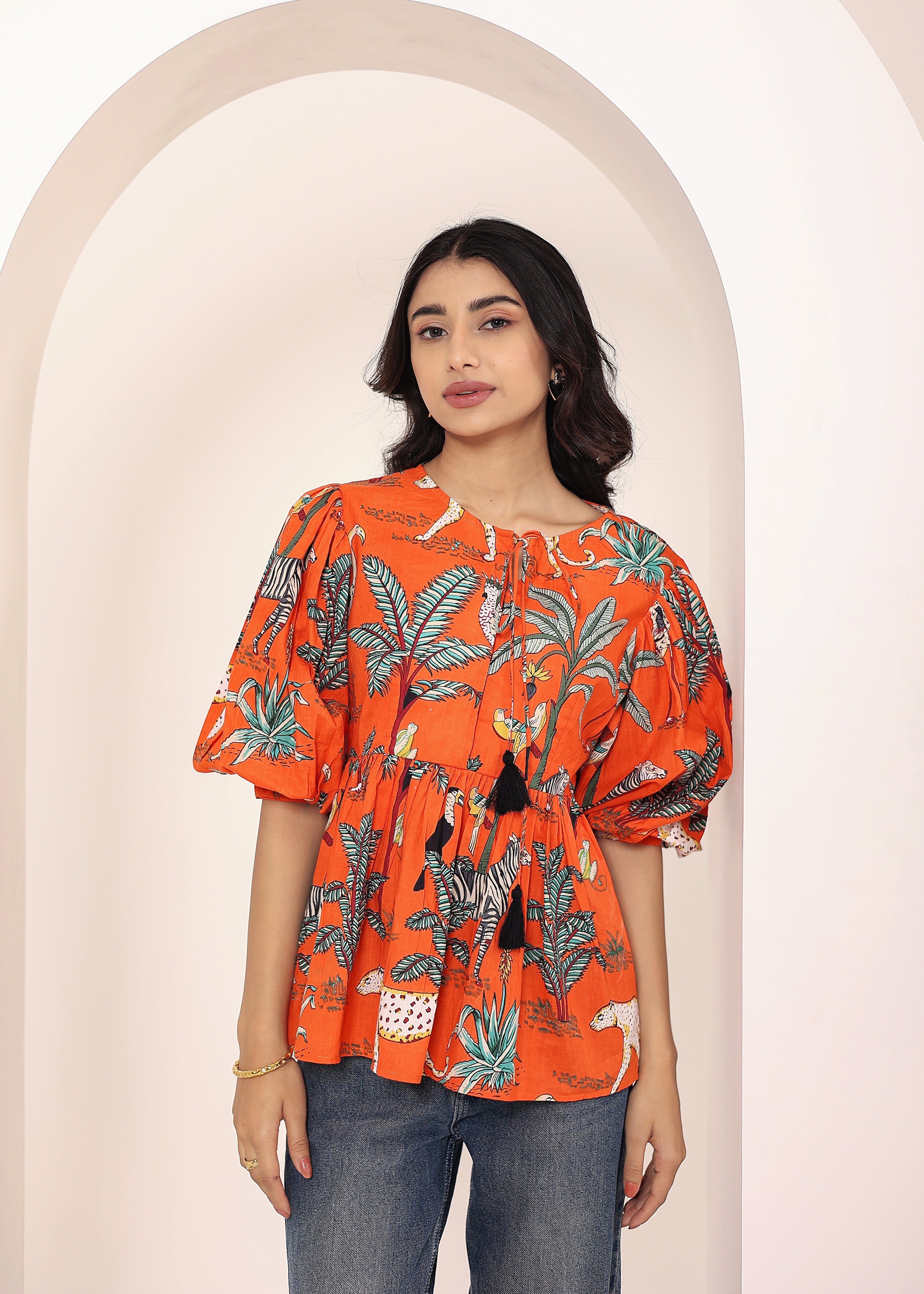 Orange Tropical Print Balloon Sleeve Peplum Cotton Top - Kaoribyshreya