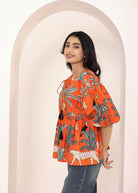 Orange Tropical Print Balloon Sleeve Peplum Cotton Top - Kaoribyshreya