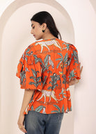 Orange Tropical Print Balloon Sleeve Peplum Cotton Top - Kaoribyshreya