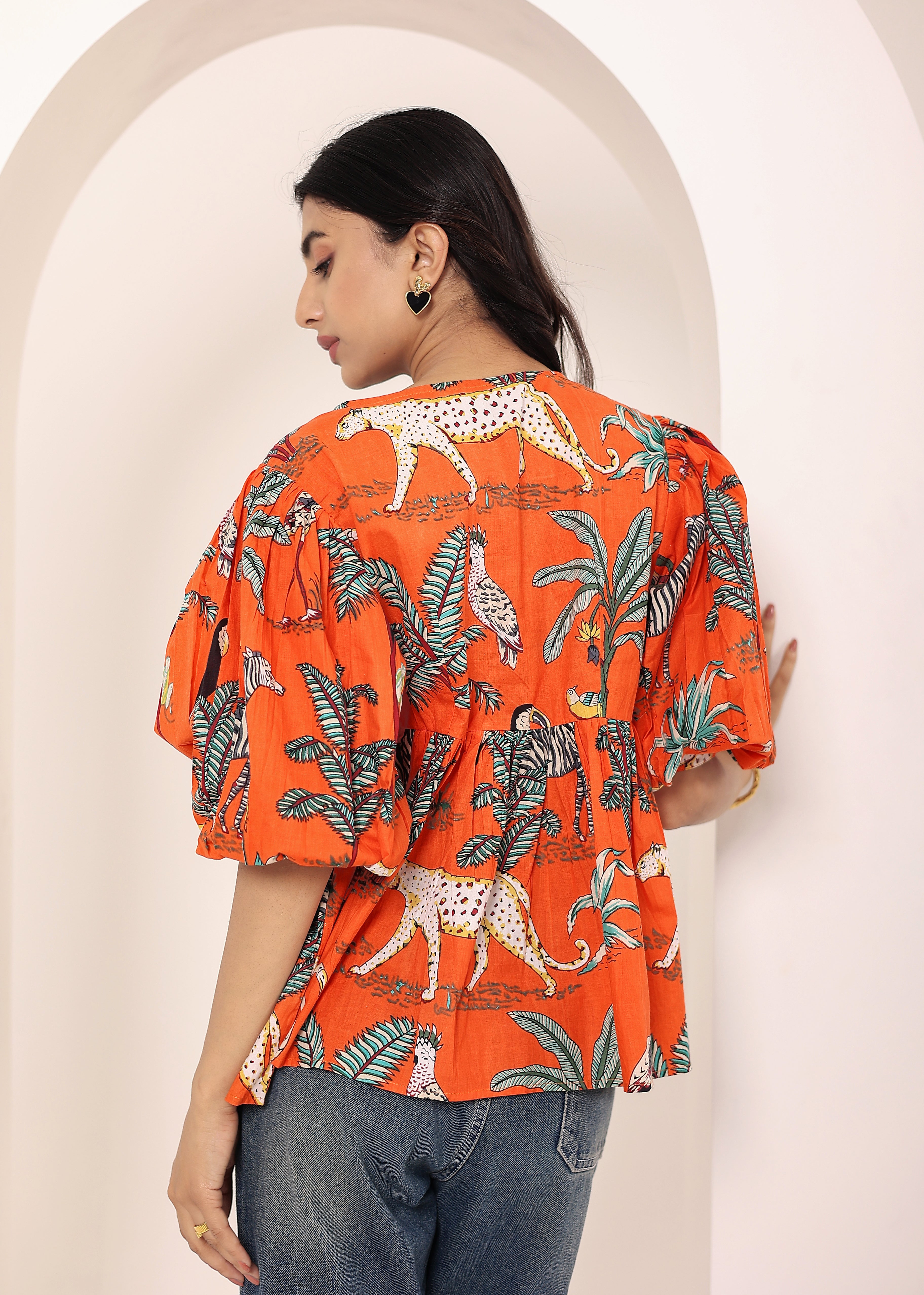 Orange Tropical Print Balloon Sleeve Peplum Cotton Top - Kaoribyshreya