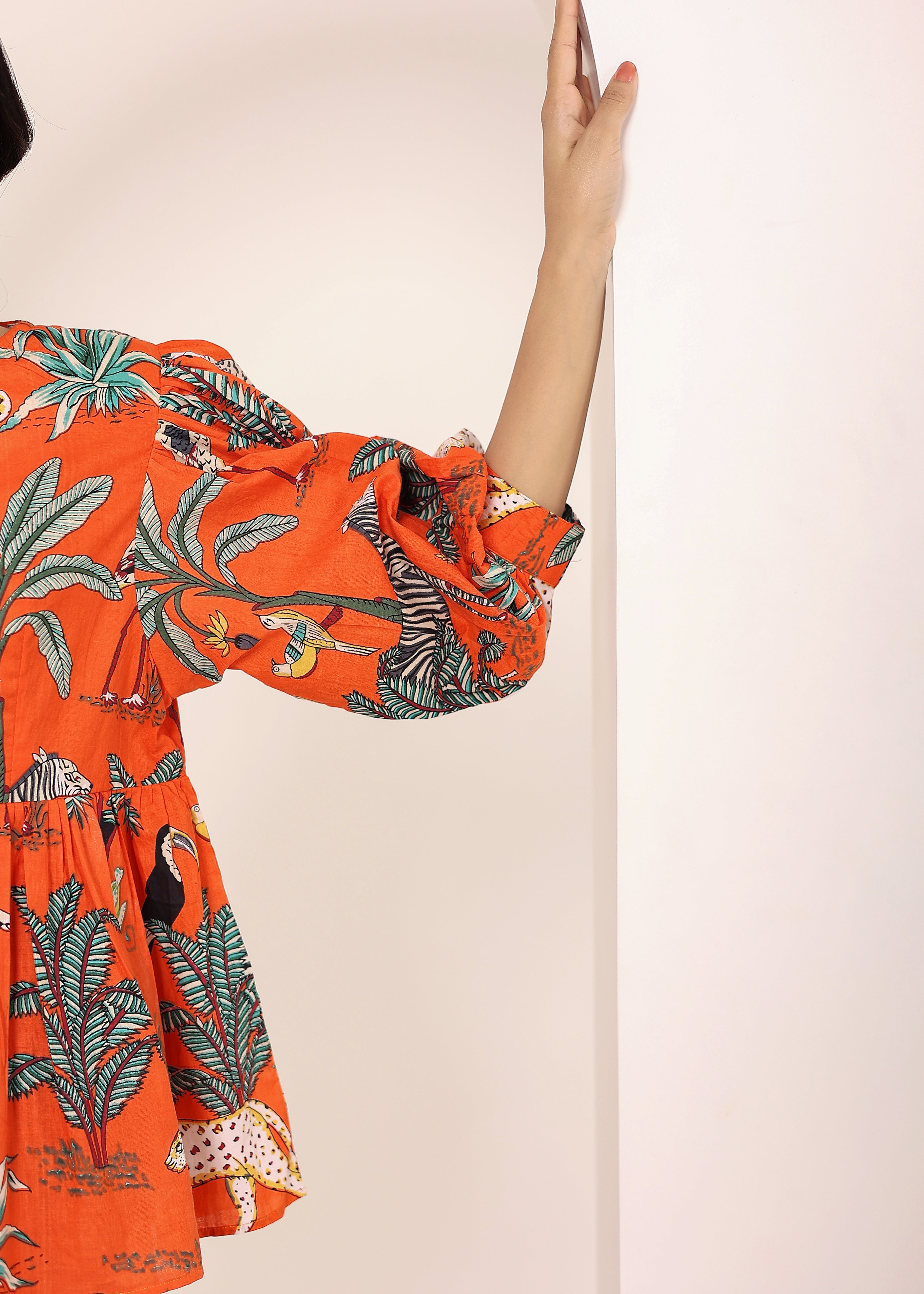 Orange Tropical Print Balloon Sleeve Peplum Cotton Top - Kaoribyshreya