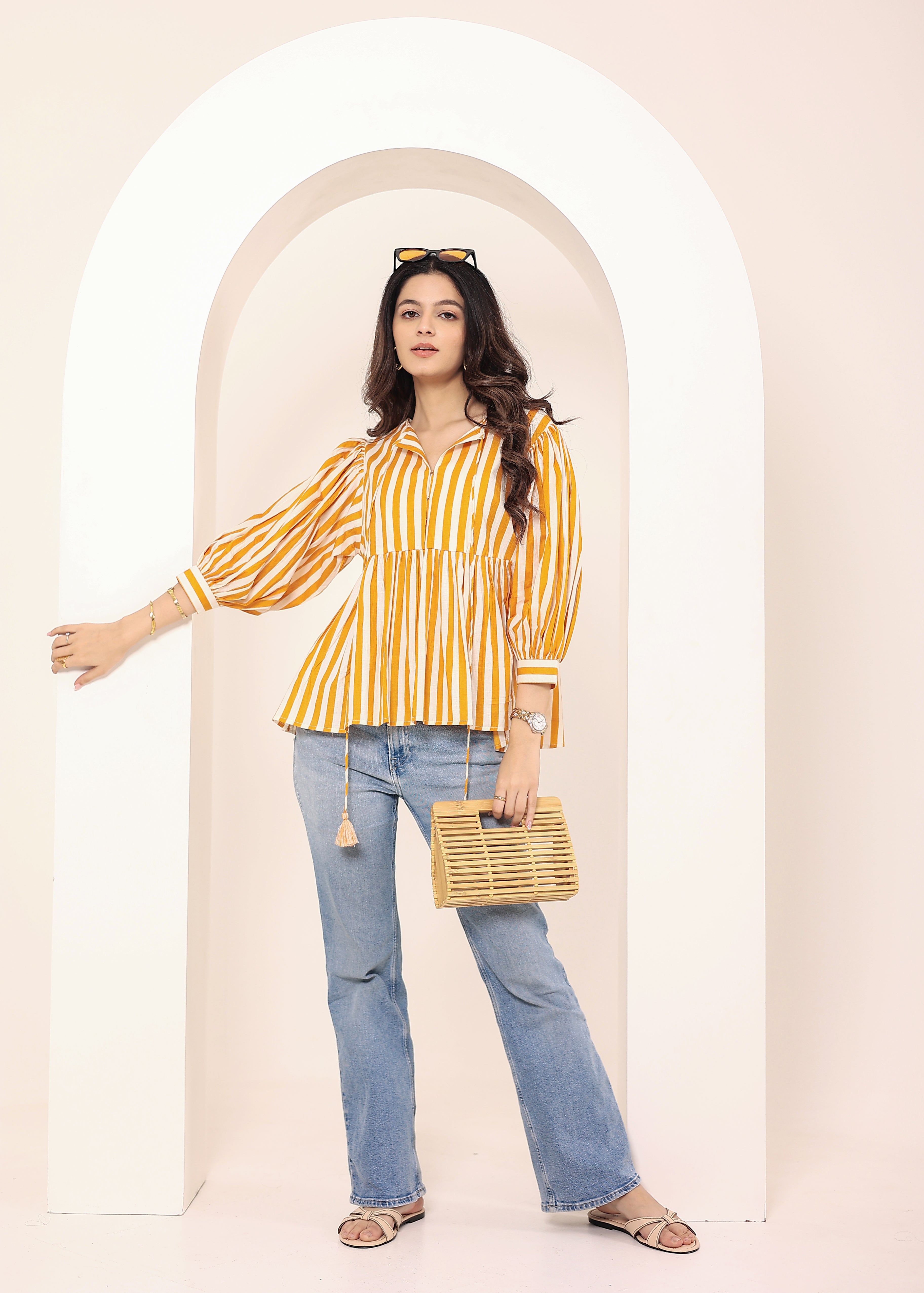 Yellow and White Striped Balloon Sleeve Peplum Cotton Top - Kaoribyshreya