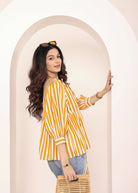 Yellow and White Striped Balloon Sleeve Peplum Cotton Top - Kaoribyshreya