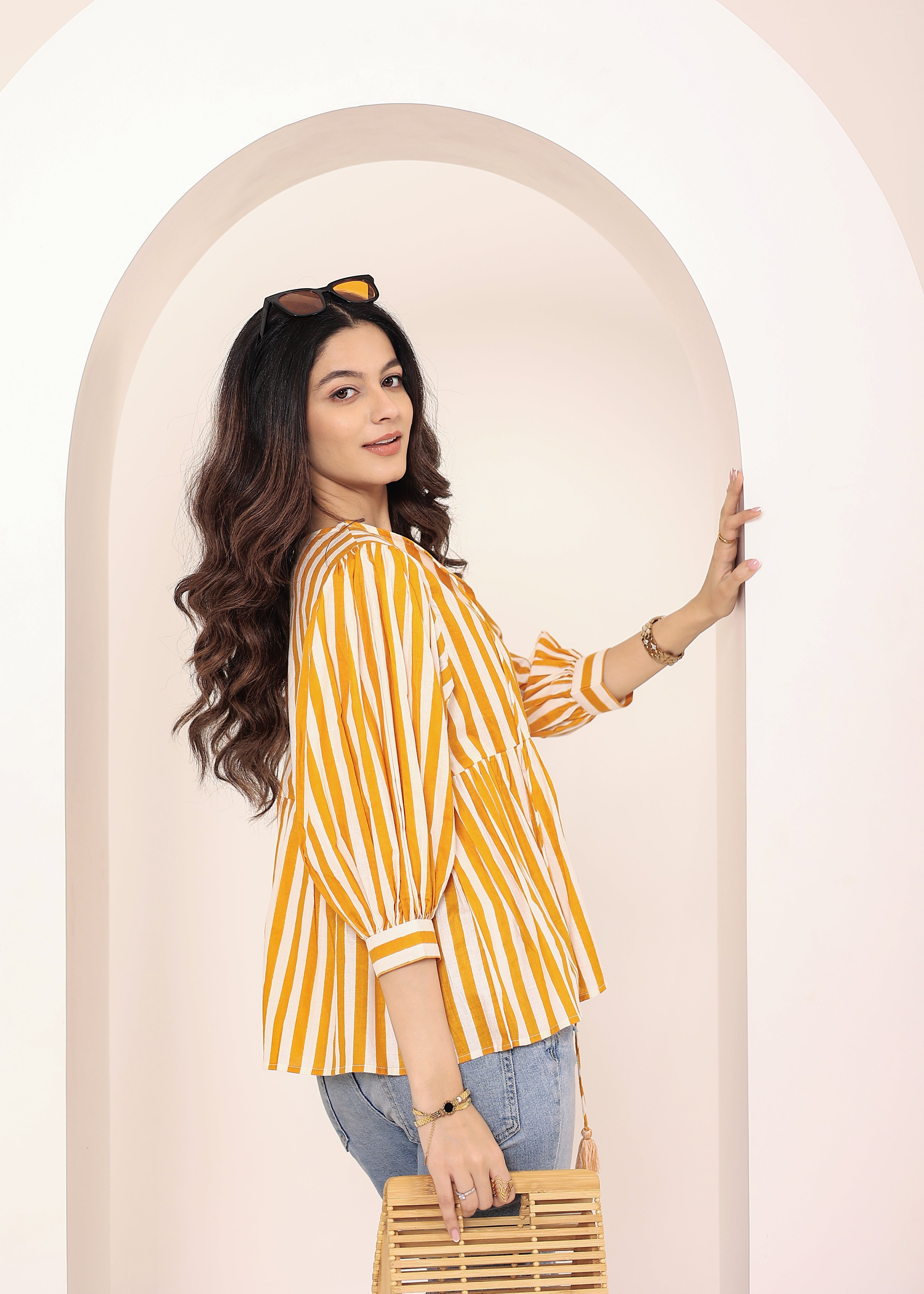 Yellow and White Striped Balloon Sleeve Peplum Cotton Top - Kaoribyshreya