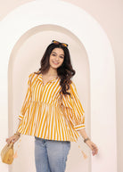 Yellow and White Striped Balloon Sleeve Peplum Cotton Top - Kaoribyshreya