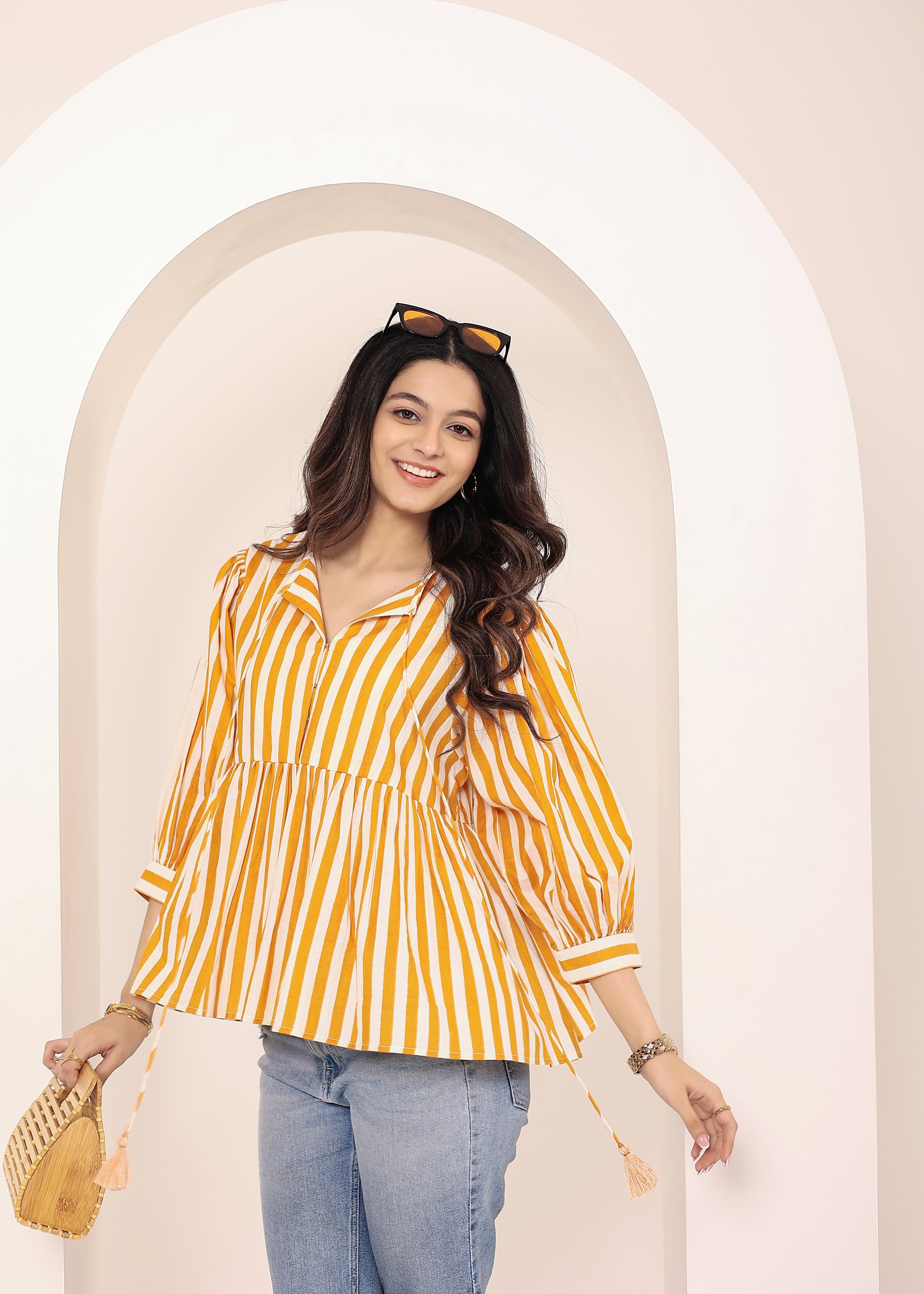 Yellow and White Striped Balloon Sleeve Peplum Cotton Top - Kaoribyshreya