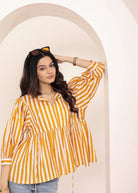 Yellow and White Striped Balloon Sleeve Peplum Cotton Top - Kaoribyshreya