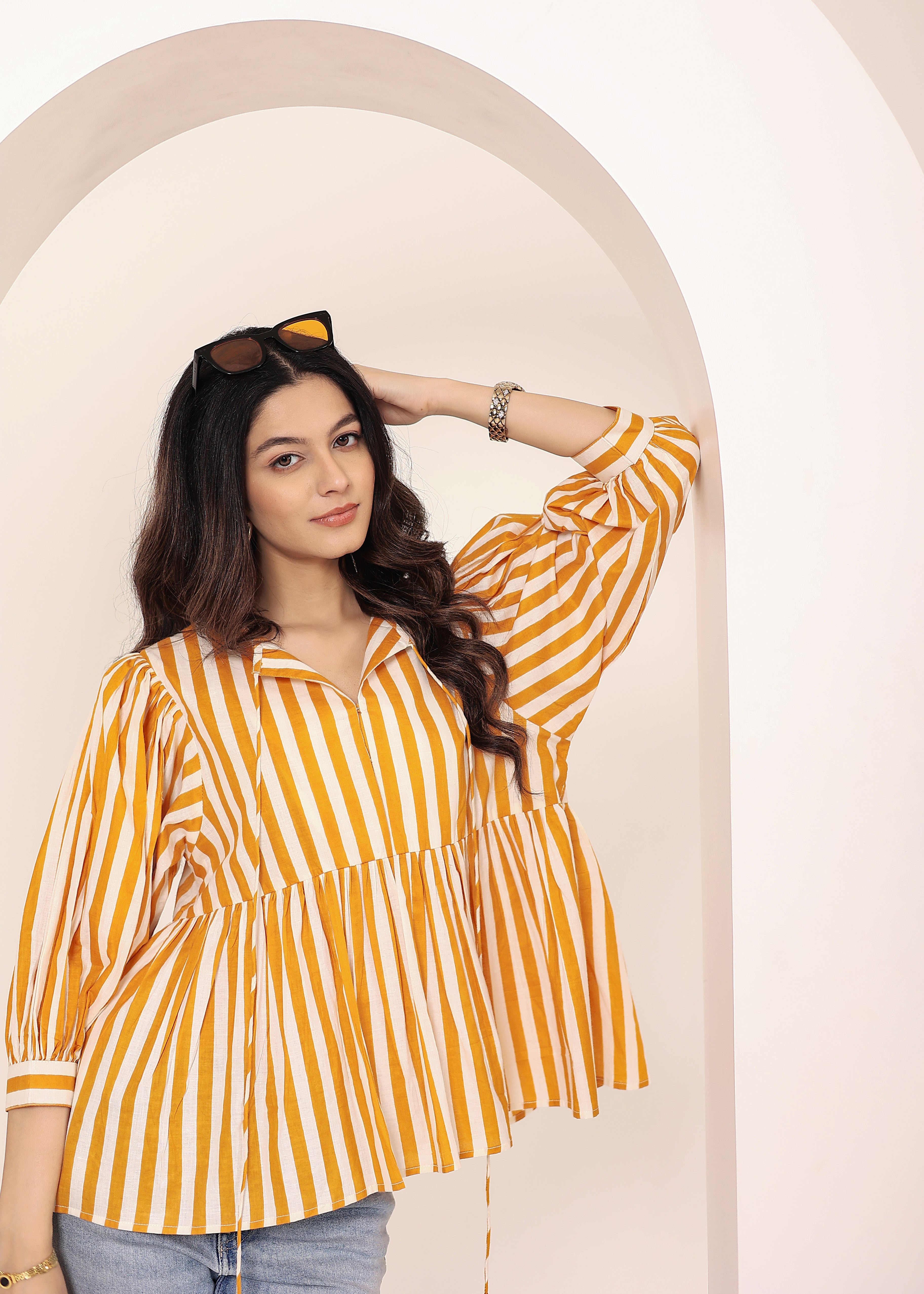 Yellow and White Striped Balloon Sleeve Peplum Cotton Top - Kaoribyshreya