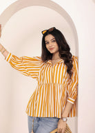 Yellow and White Striped Balloon Sleeve Peplum Cotton Top - Kaoribyshreya