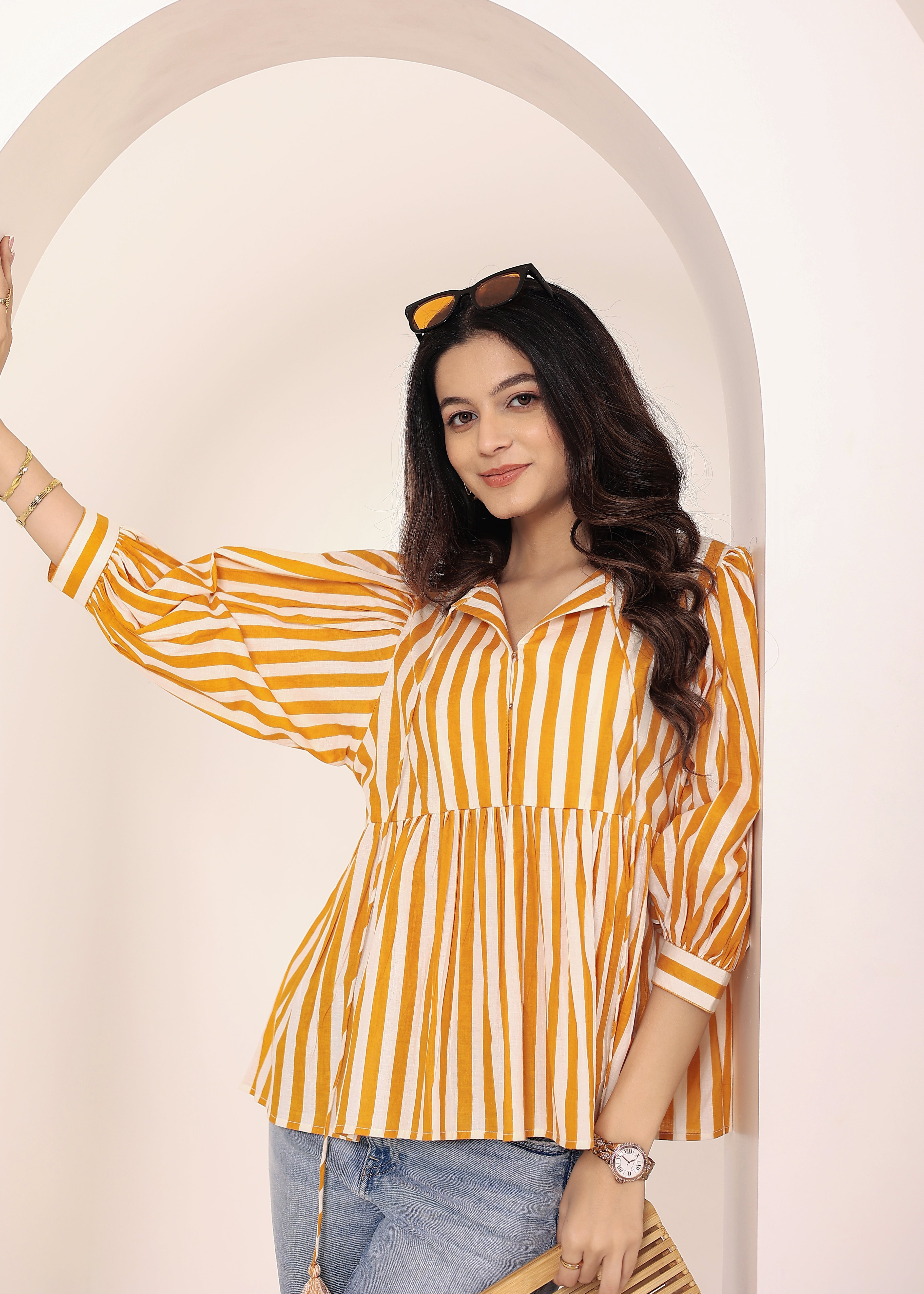 Yellow and White Striped Balloon Sleeve Peplum Cotton Top - Kaoribyshreya