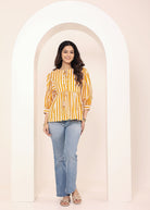Yellow and White Striped Balloon Sleeve Peplum Cotton Top - Kaoribyshreya