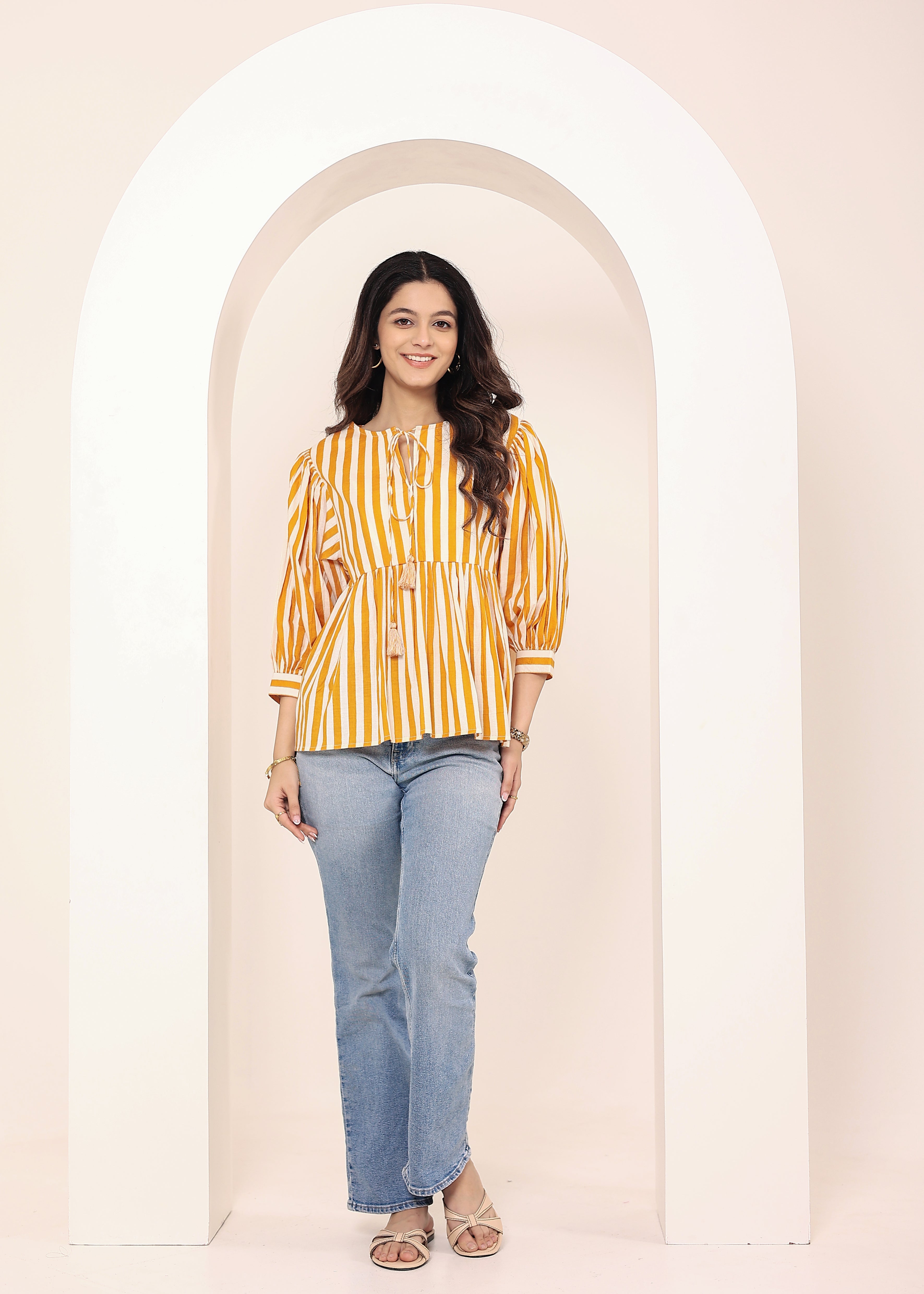 Yellow and White Striped Balloon Sleeve Peplum Cotton Top - Kaoribyshreya