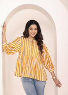 Yellow and White Striped Balloon Sleeve Peplum Cotton Top - Kaoribyshreya
