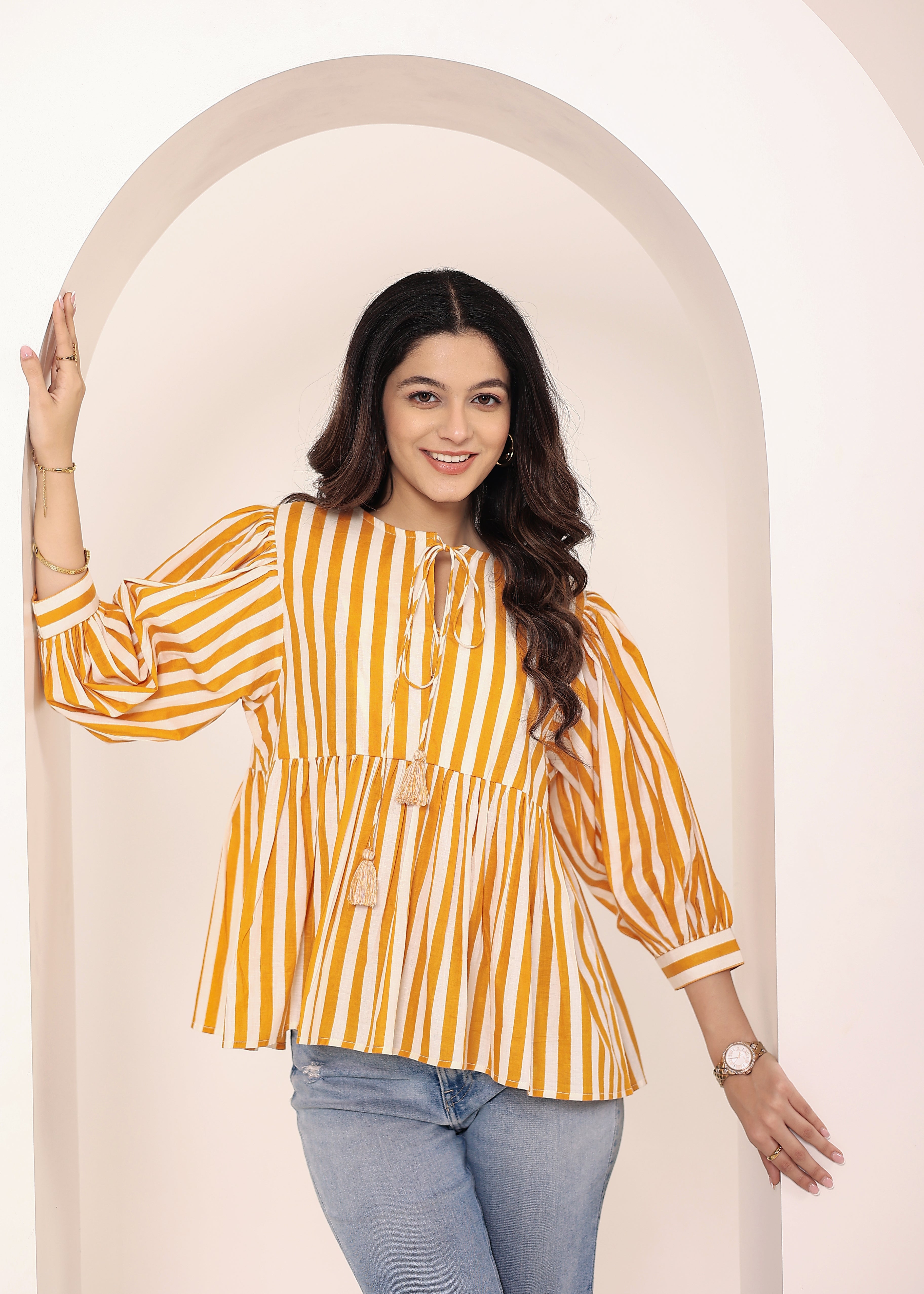 Yellow and White Striped Balloon Sleeve Peplum Cotton Top - Kaoribyshreya