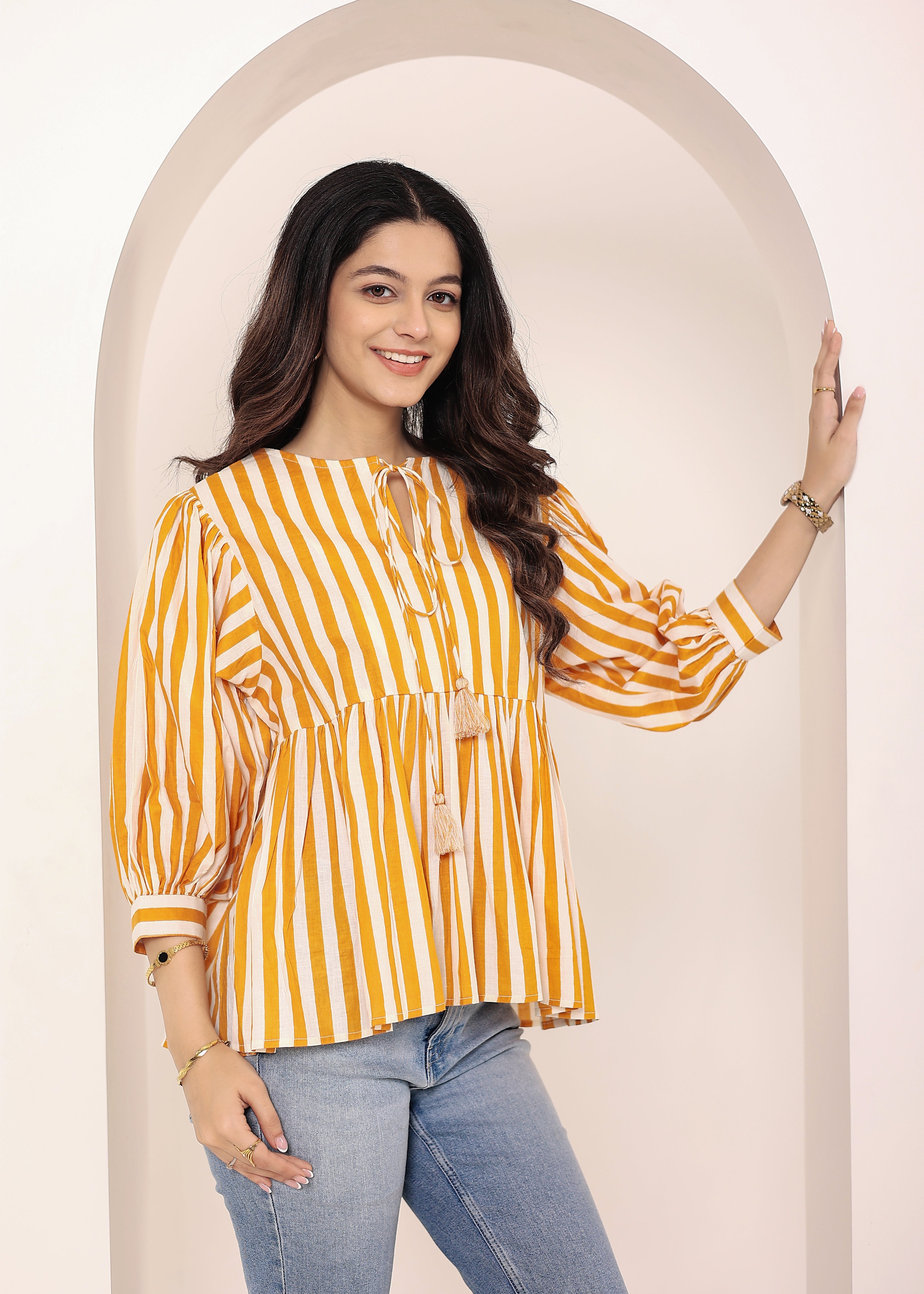Yellow and White Striped Balloon Sleeve Peplum Cotton Top - Kaoribyshreya