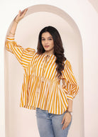 Yellow and White Striped Balloon Sleeve Peplum Cotton Top - Kaoribyshreya