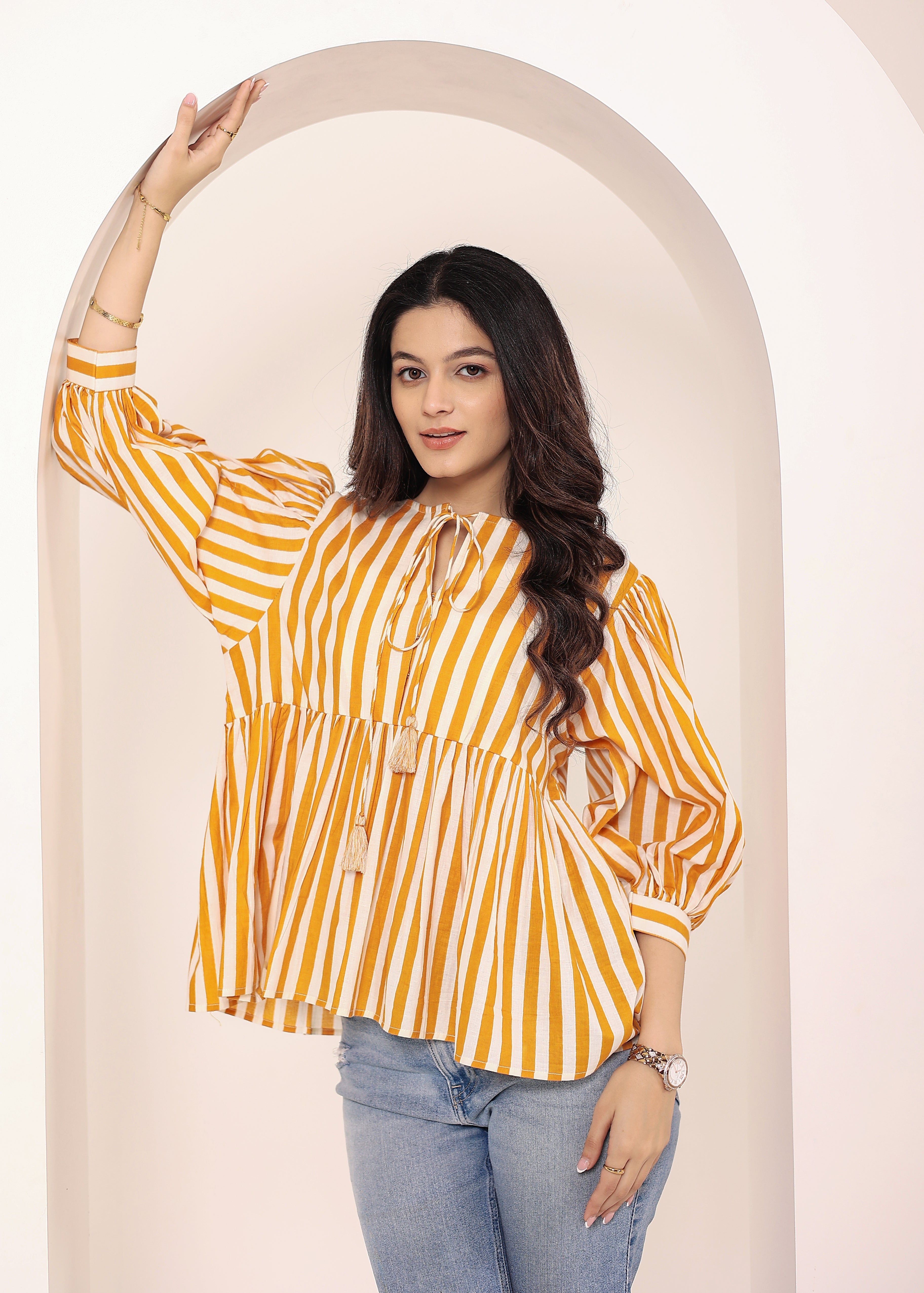 Yellow and White Striped Balloon Sleeve Peplum Cotton Top - Kaoribyshreya