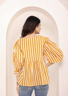 Yellow and White Striped Balloon Sleeve Peplum Cotton Top - Kaoribyshreya