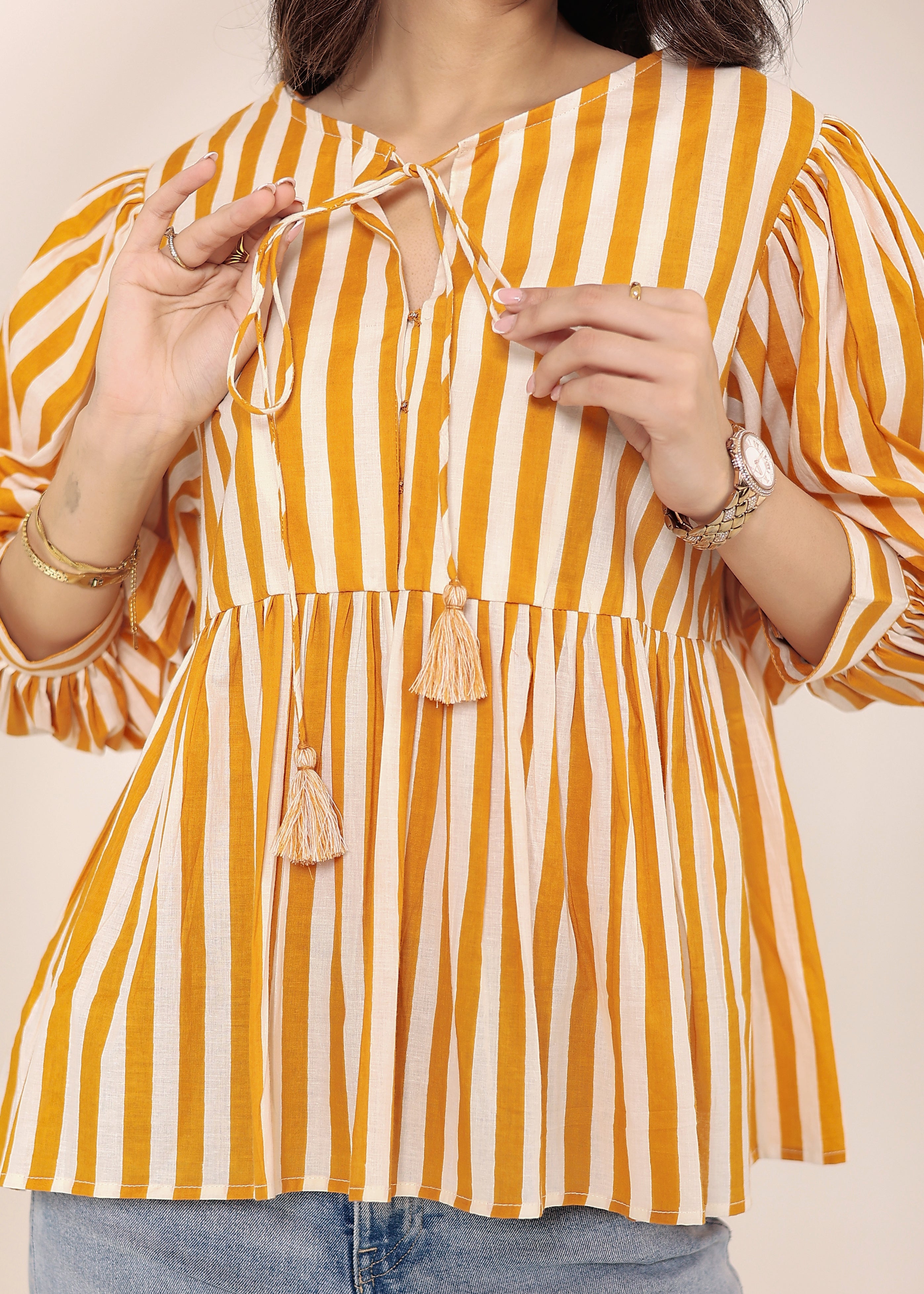 Yellow and White Striped Balloon Sleeve Peplum Cotton Top - Kaoribyshreya