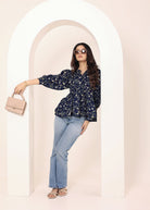 Navy Blue Floral Print Balloon Sleeve Peplum Top - Kaoribyshreya