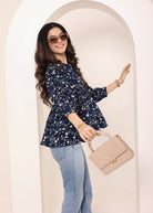 Navy Blue Floral Print Balloon Sleeve Peplum Top - Kaoribyshreya