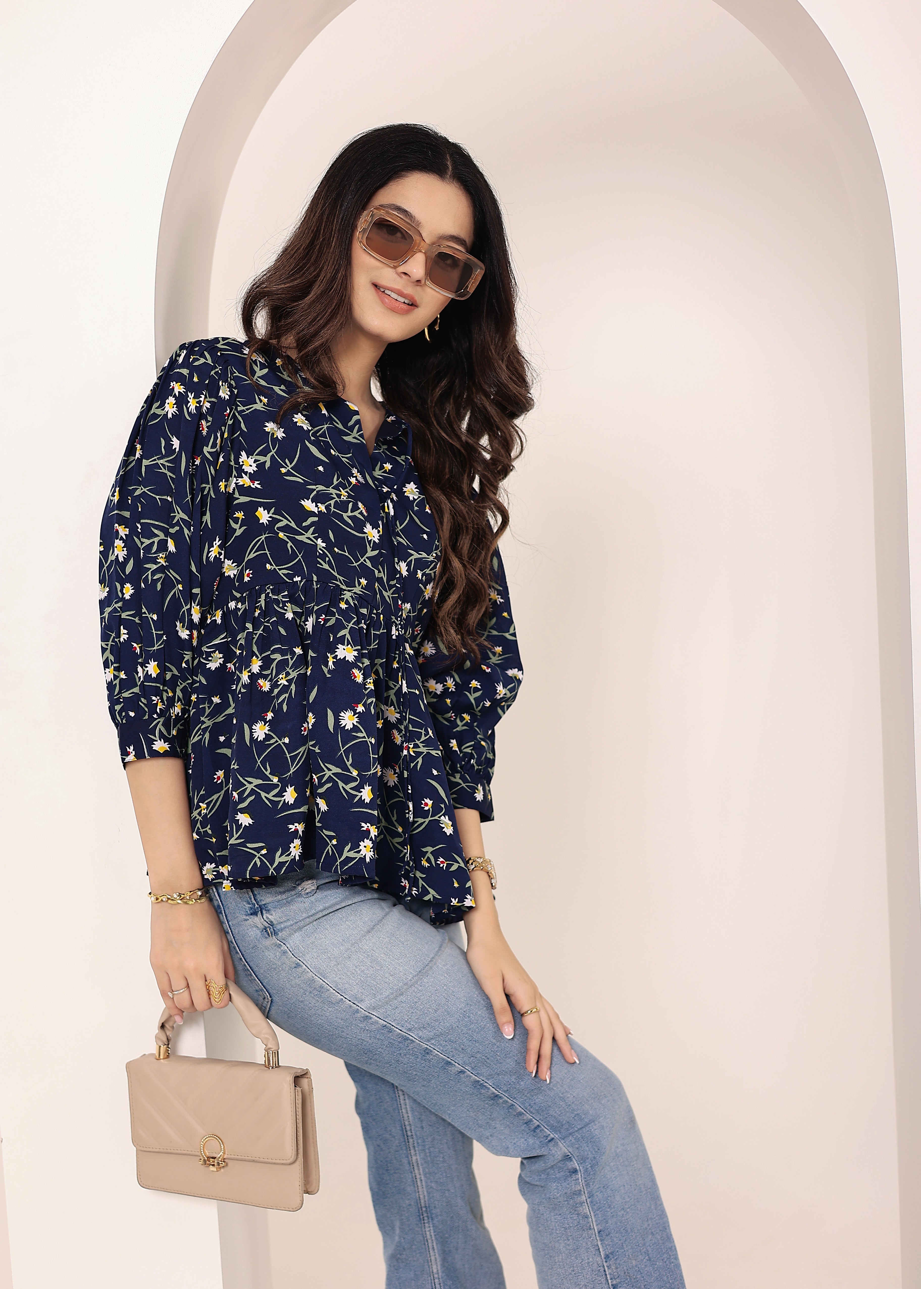Navy Blue Floral Print Balloon Sleeve Peplum Top - Kaoribyshreya