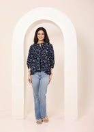 Navy Blue Floral Print Balloon Sleeve Peplum Top - Kaoribyshreya