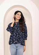 Navy Blue Floral Print Balloon Sleeve Peplum Top - Kaoribyshreya