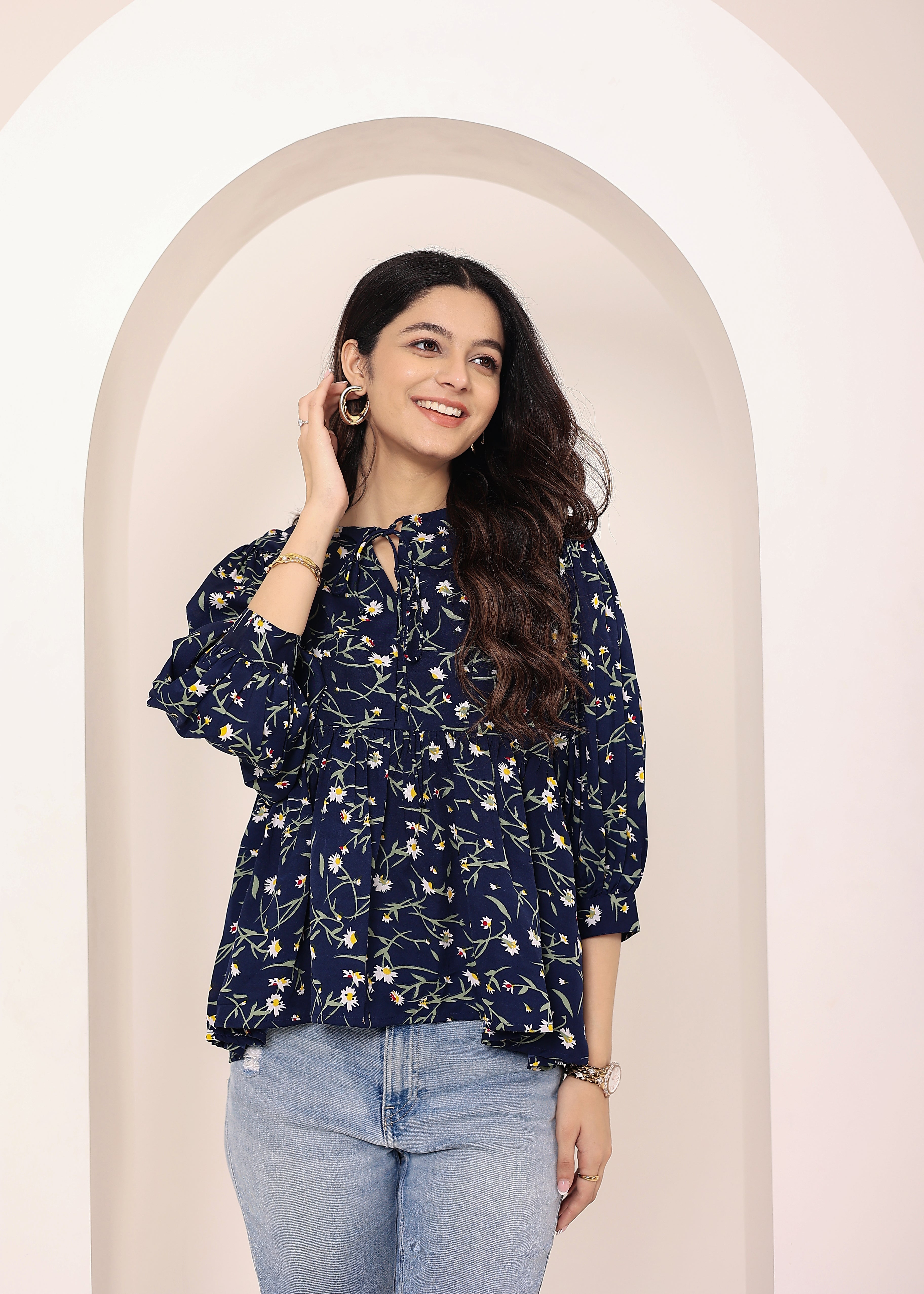Navy Blue Floral Print Balloon Sleeve Peplum Top - Kaoribyshreya