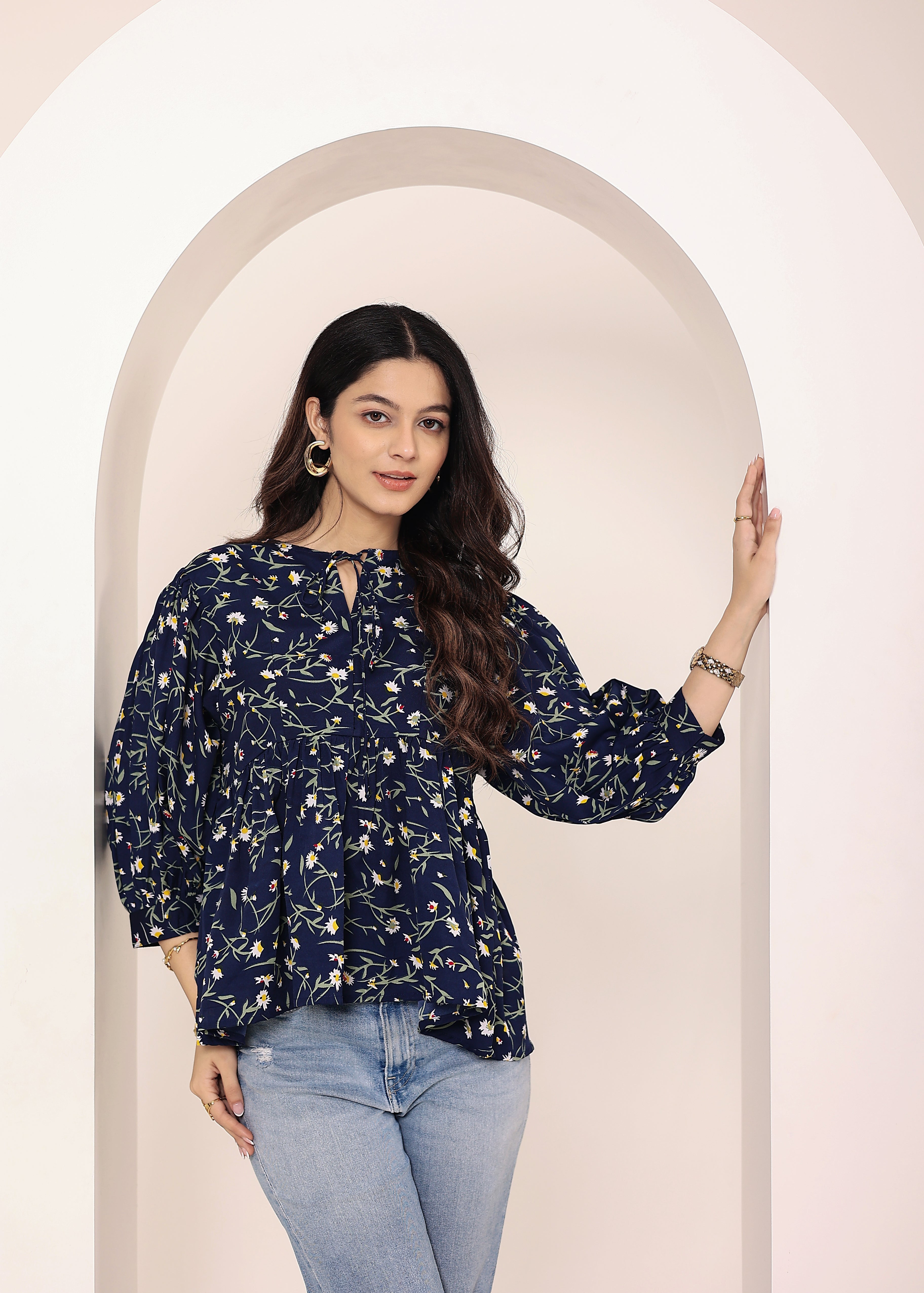 Navy Blue Floral Print Balloon Sleeve Peplum Top - Kaoribyshreya