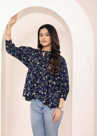 Navy Blue Floral Print Balloon Sleeve Peplum Top - Kaoribyshreya