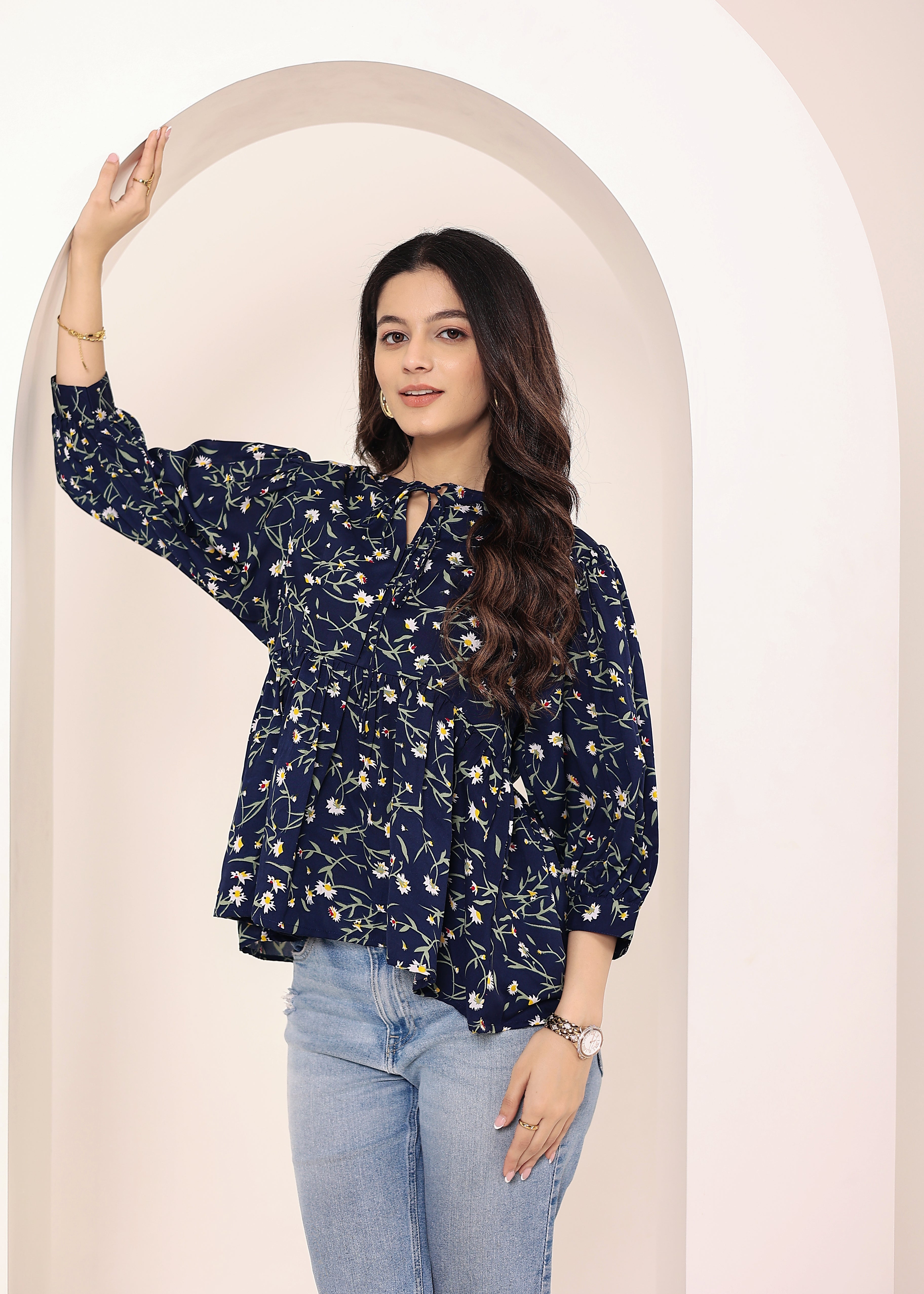 Navy Blue Floral Print Balloon Sleeve Peplum Top - Kaoribyshreya