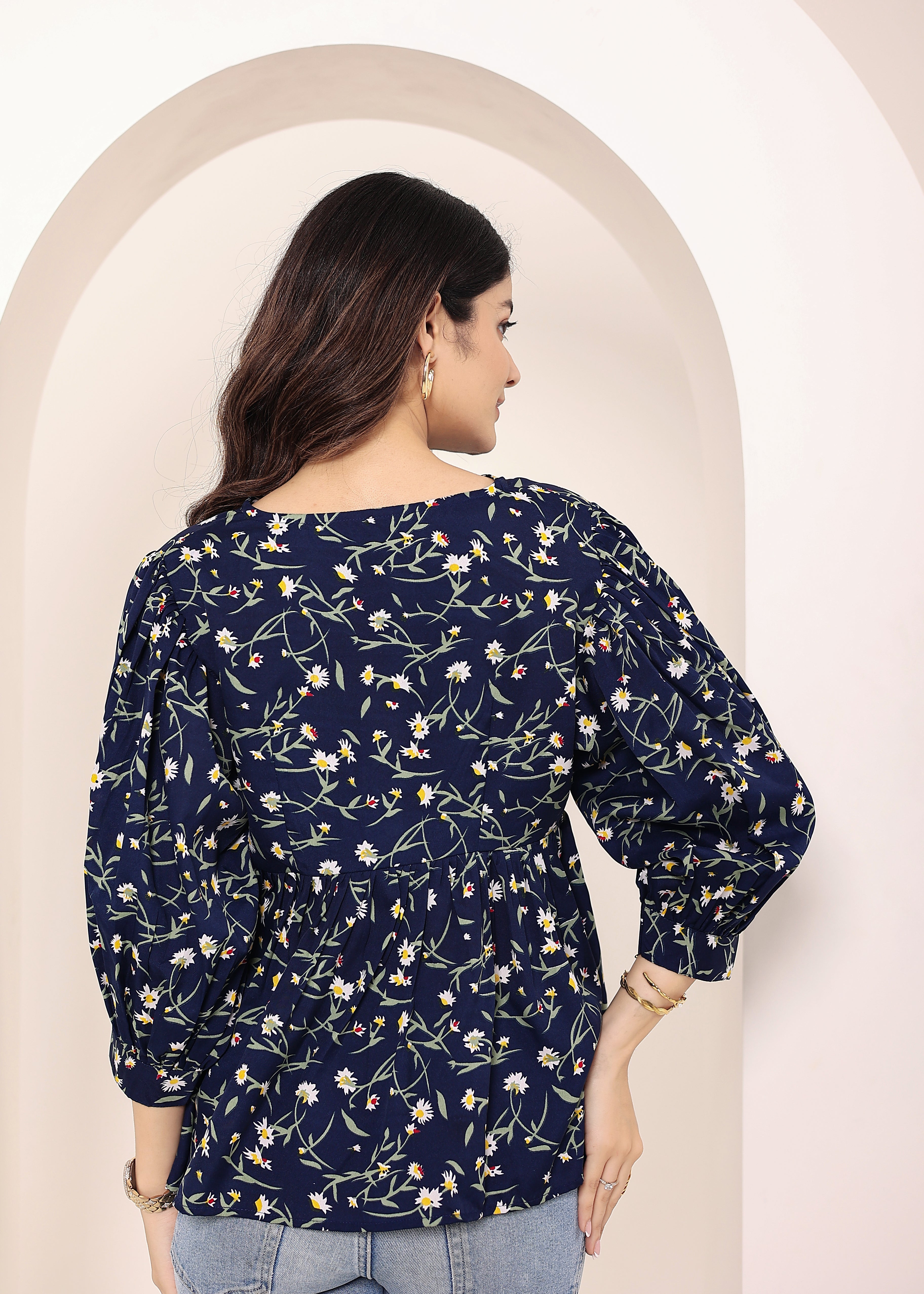 Navy Blue Floral Print Balloon Sleeve Peplum Top - Kaoribyshreya