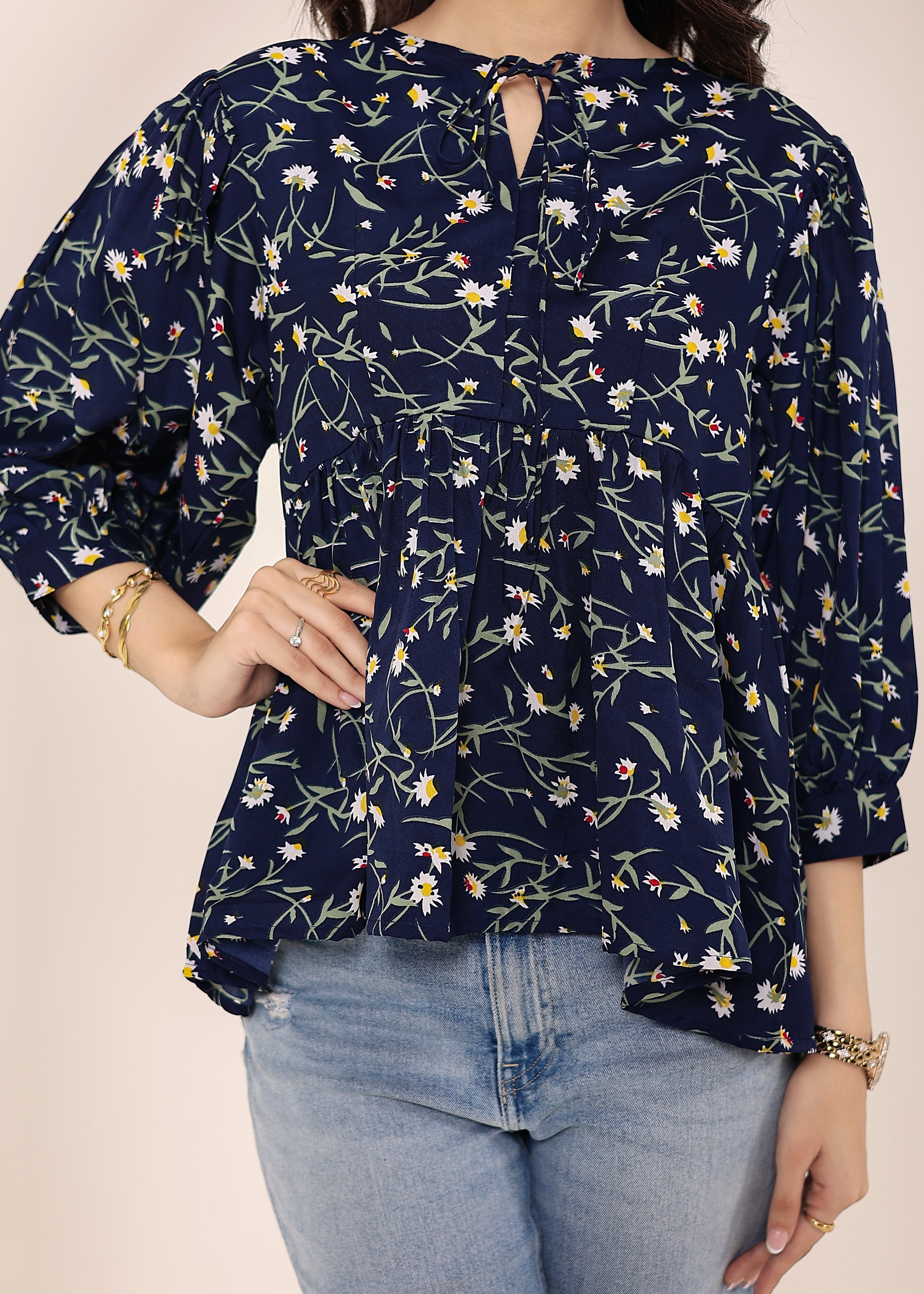 Navy Blue Floral Print Balloon Sleeve Peplum Top - Kaoribyshreya