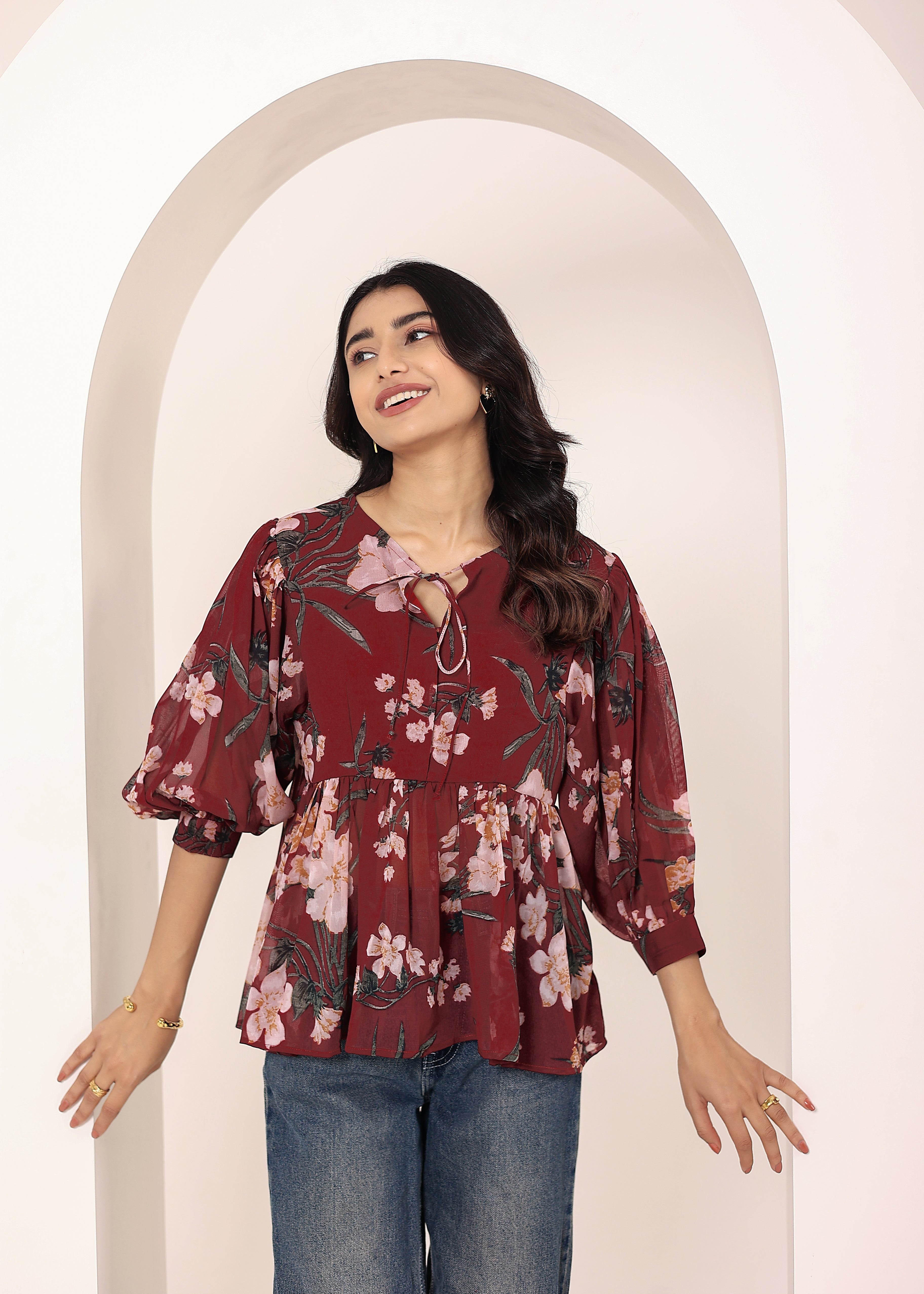 Maroon Floral Print Balloon Sleeve Peplum Top - Kaoribyshreya