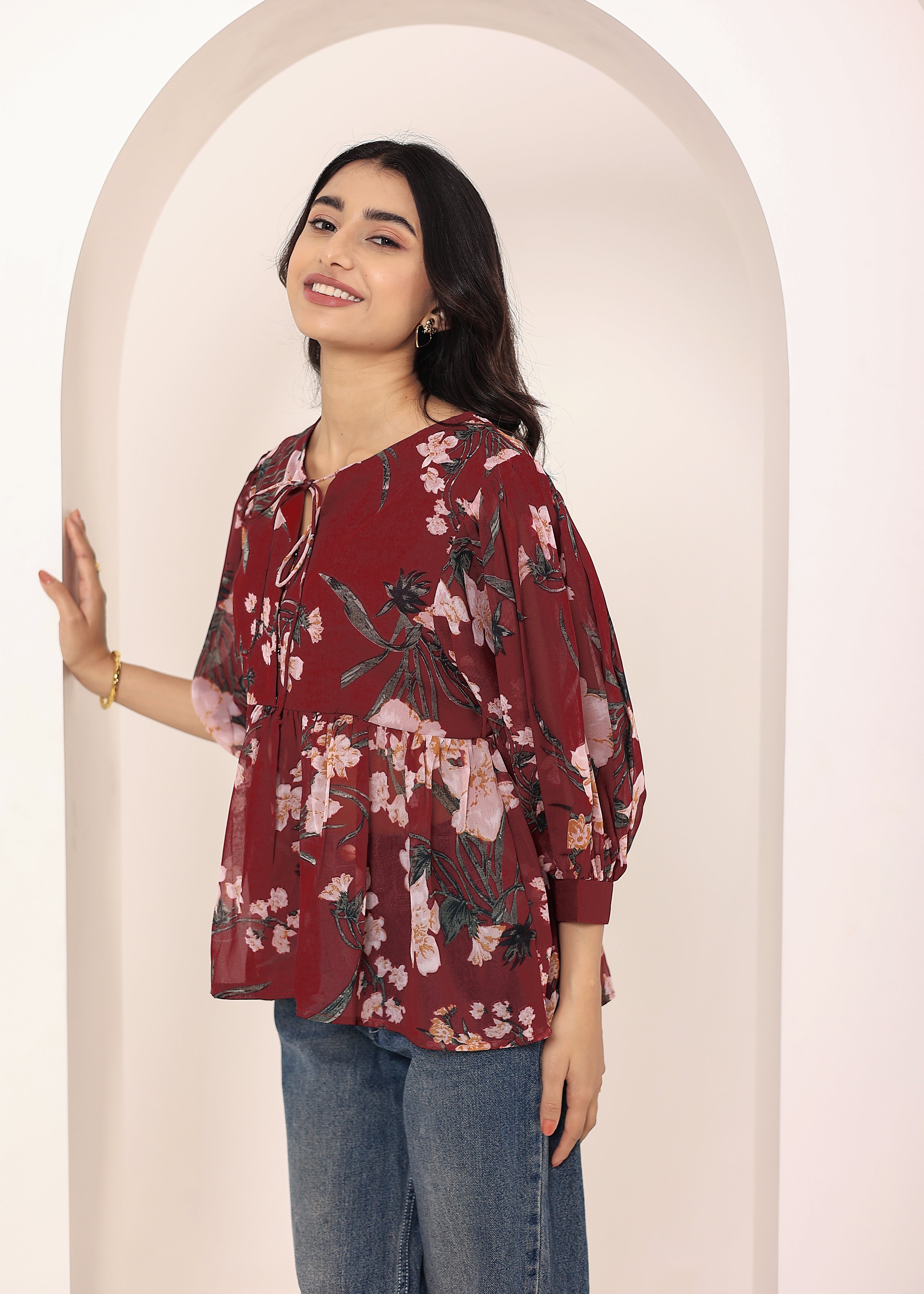 Maroon Floral Print Balloon Sleeve Peplum Top - Kaoribyshreya