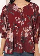 Maroon Floral Print Balloon Sleeve Peplum Top - Kaoribyshreya