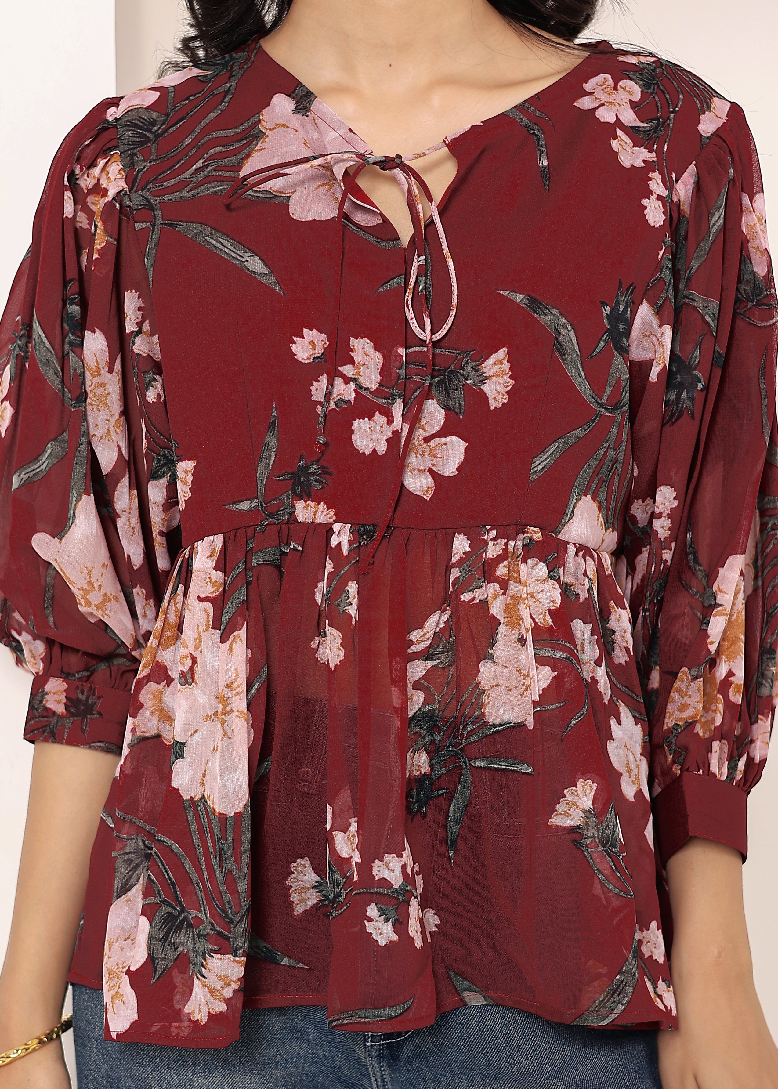 Maroon Floral Print Balloon Sleeve Peplum Top - Kaoribyshreya