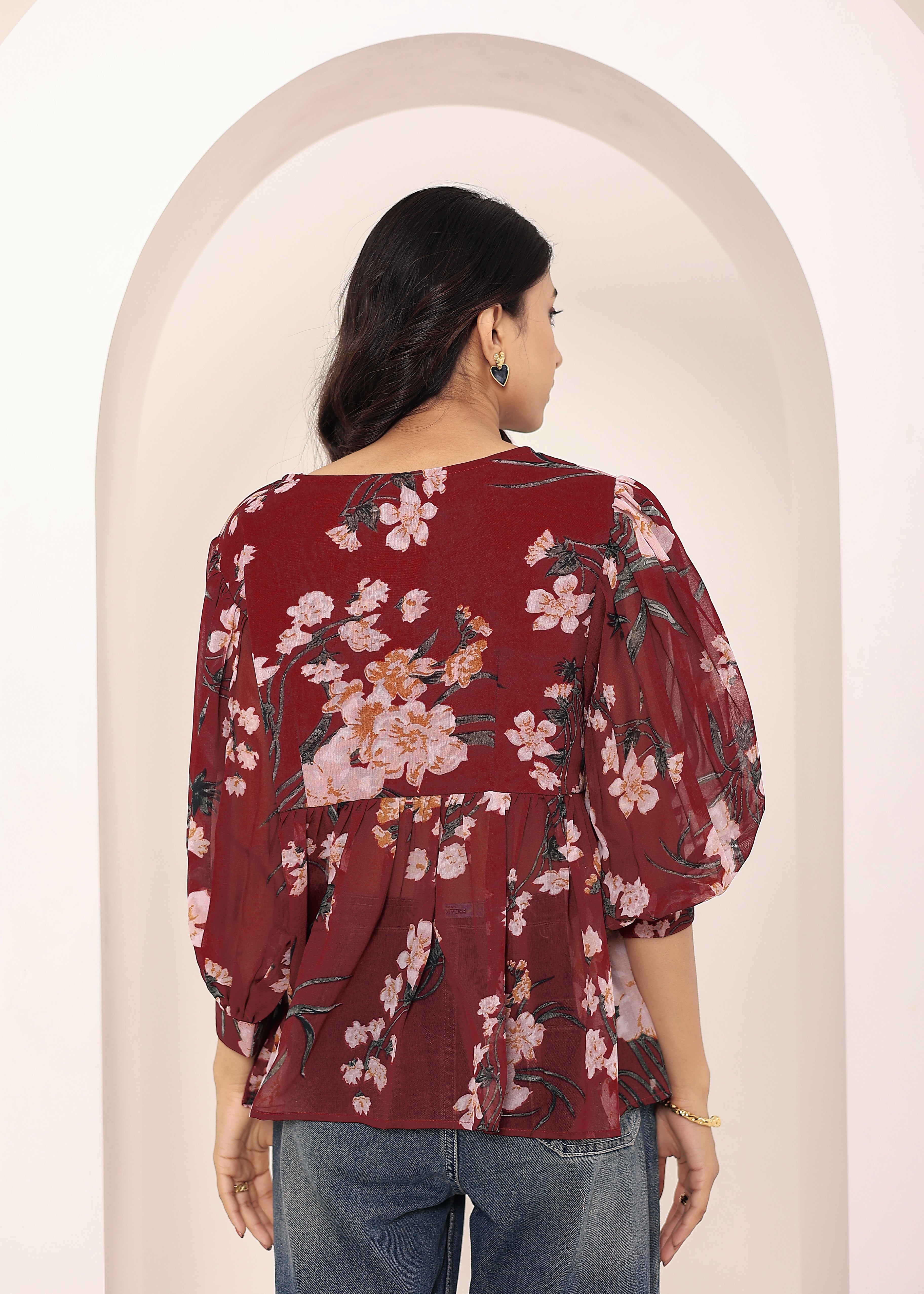 Maroon Floral Print Balloon Sleeve Peplum Top - Kaoribyshreya