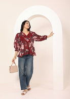 Maroon Floral Print Balloon Sleeve Peplum Top - Kaoribyshreya