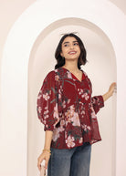 Maroon Floral Print Balloon Sleeve Peplum Top - Kaoribyshreya