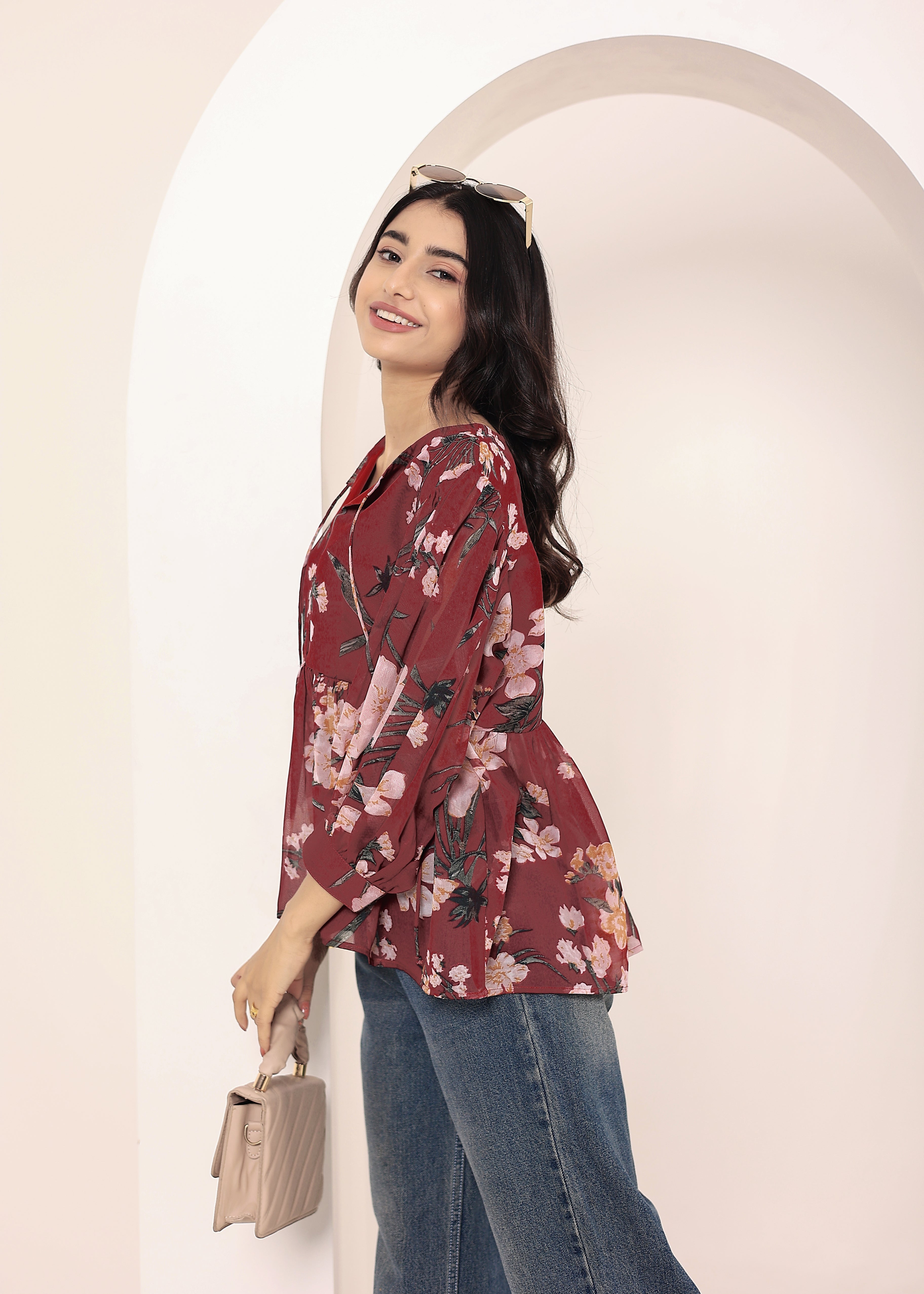 Maroon Floral Print Balloon Sleeve Peplum Top - Kaoribyshreya