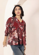Maroon Floral Print Balloon Sleeve Peplum Top - Kaoribyshreya