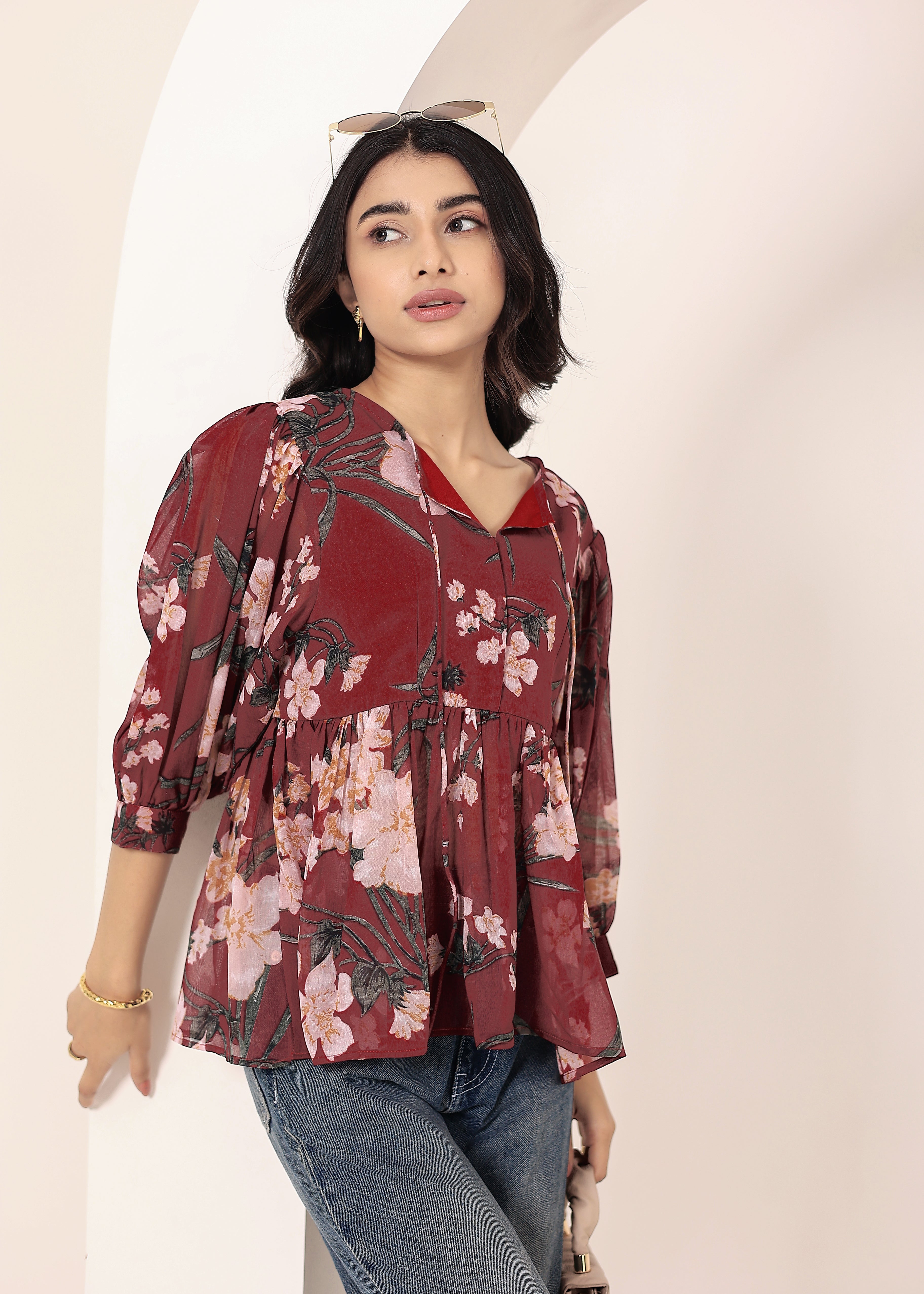 Maroon Floral Print Balloon Sleeve Peplum Top - Kaoribyshreya