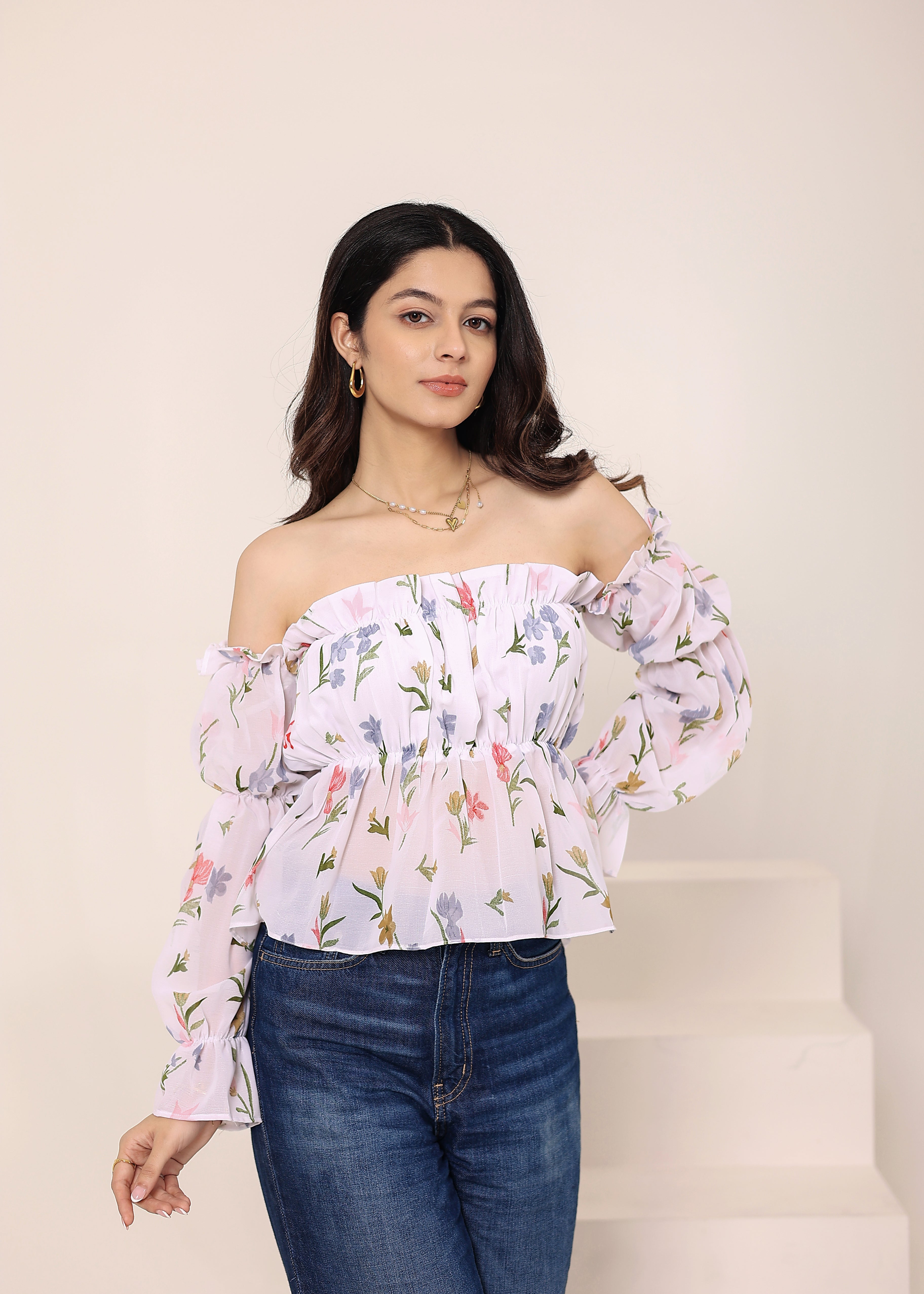 White Floral Print Off-Shoulder Top - Kaoribyshreya