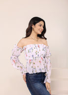 White Floral Print Off-Shoulder Top - Kaoribyshreya