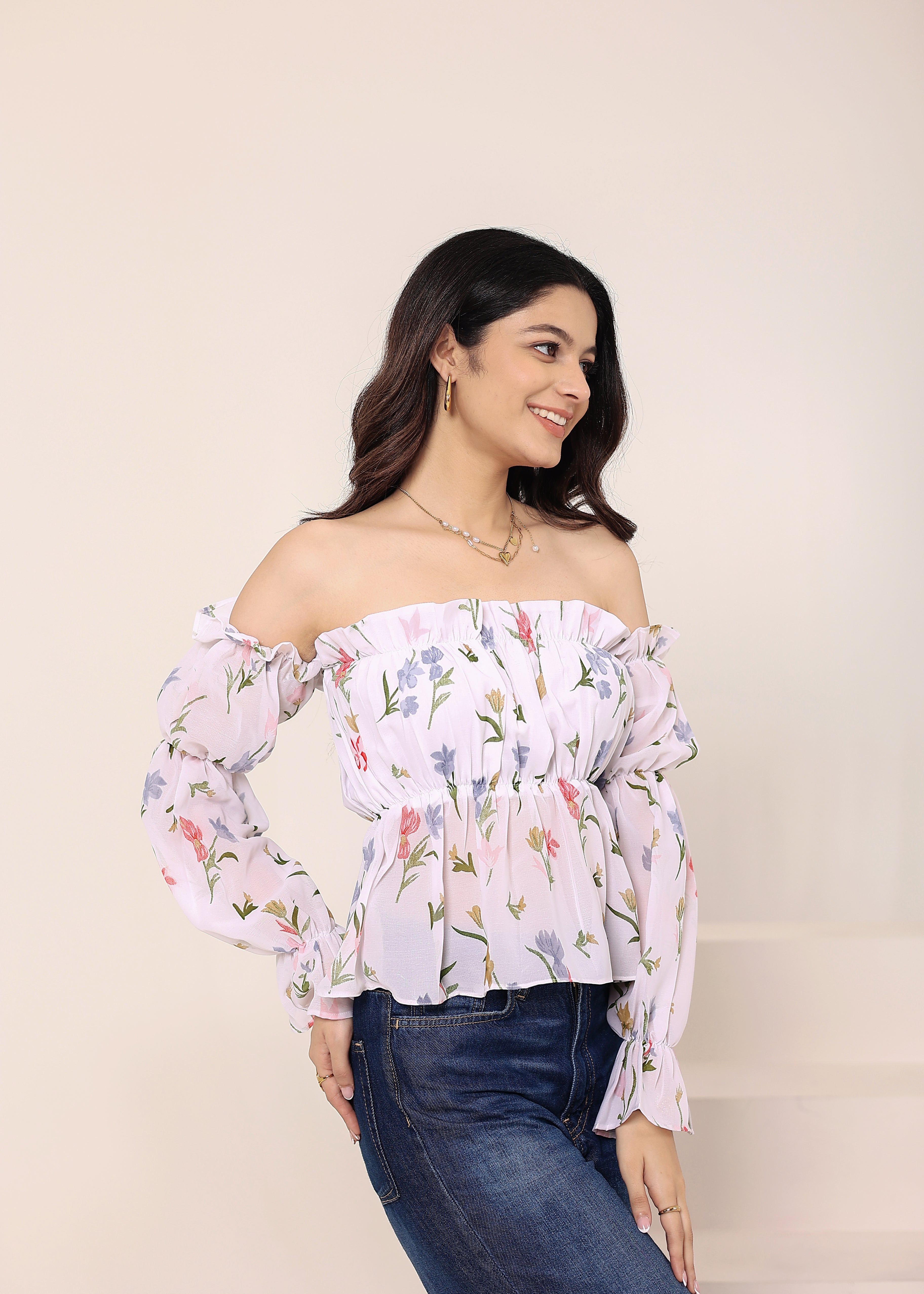 White Floral Print Off-Shoulder Top - Kaoribyshreya