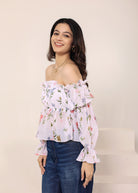 White Floral Print Off-Shoulder Top - Kaoribyshreya