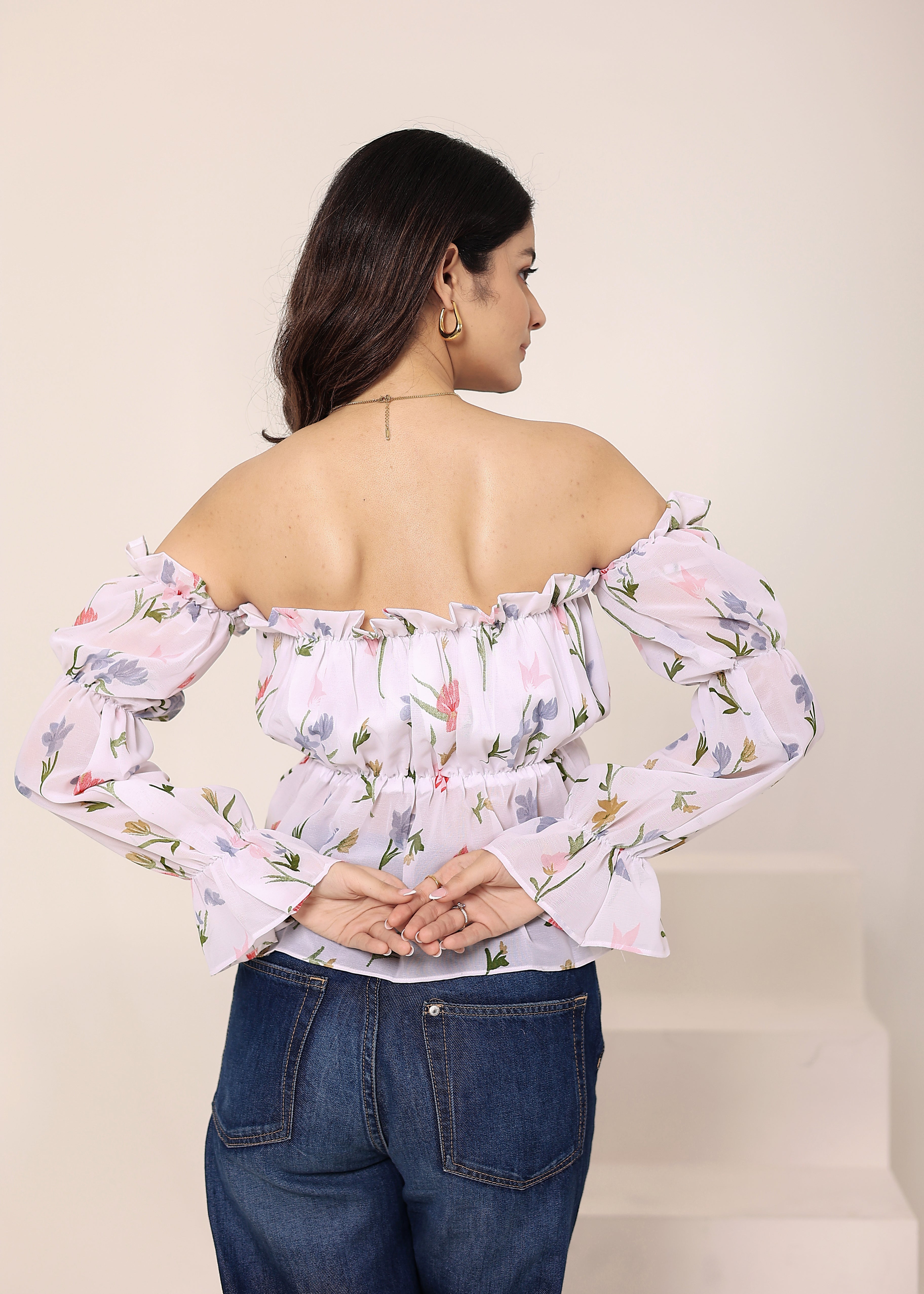 White Floral Print Off-Shoulder Top - Kaoribyshreya